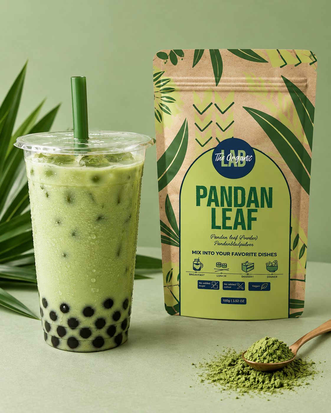 Pandan boba milk tea made with Pandanus amaryllifolius pandan leaf powder
