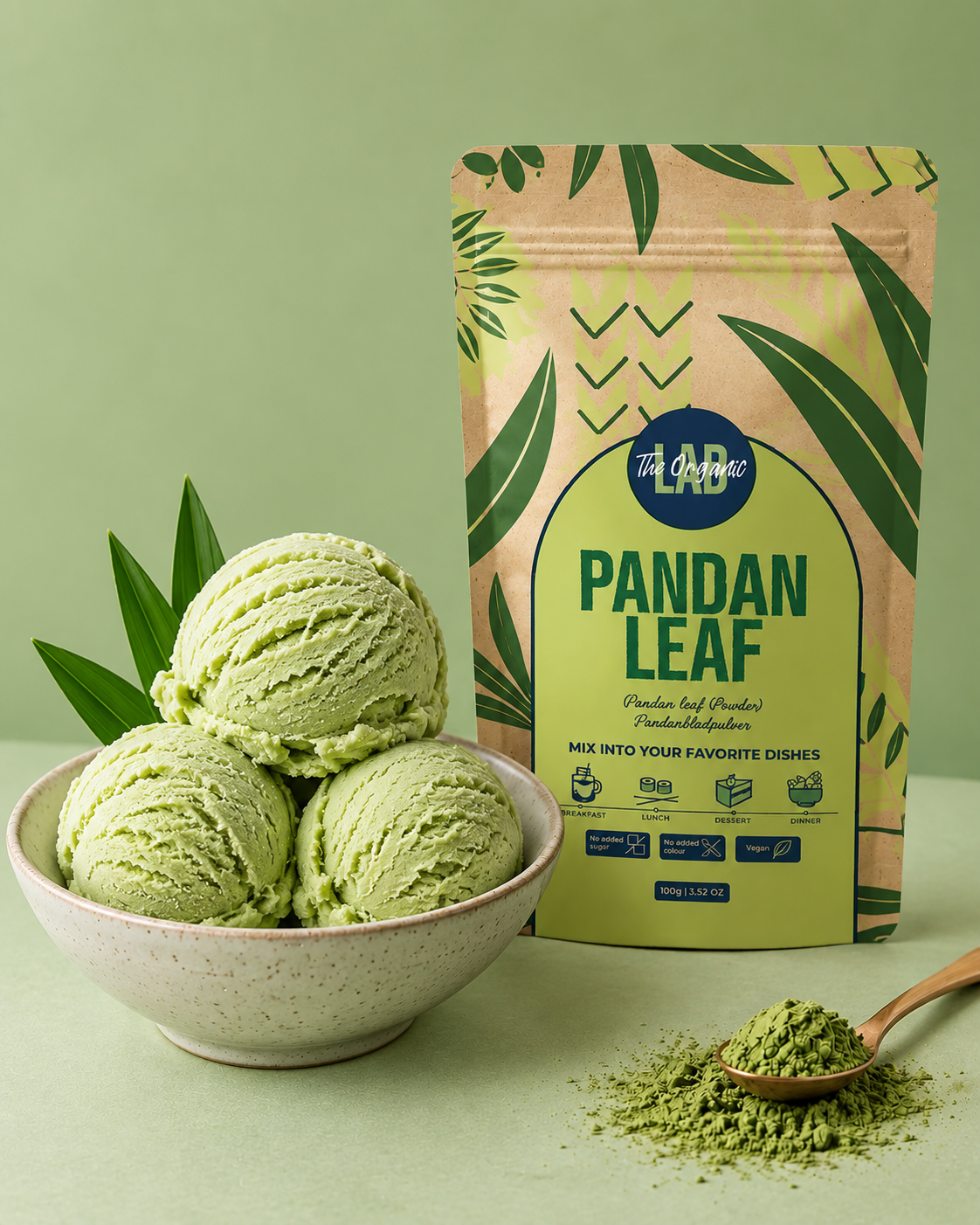 Pandan ice cream made with pandan leaf powder for dessert manufacturing