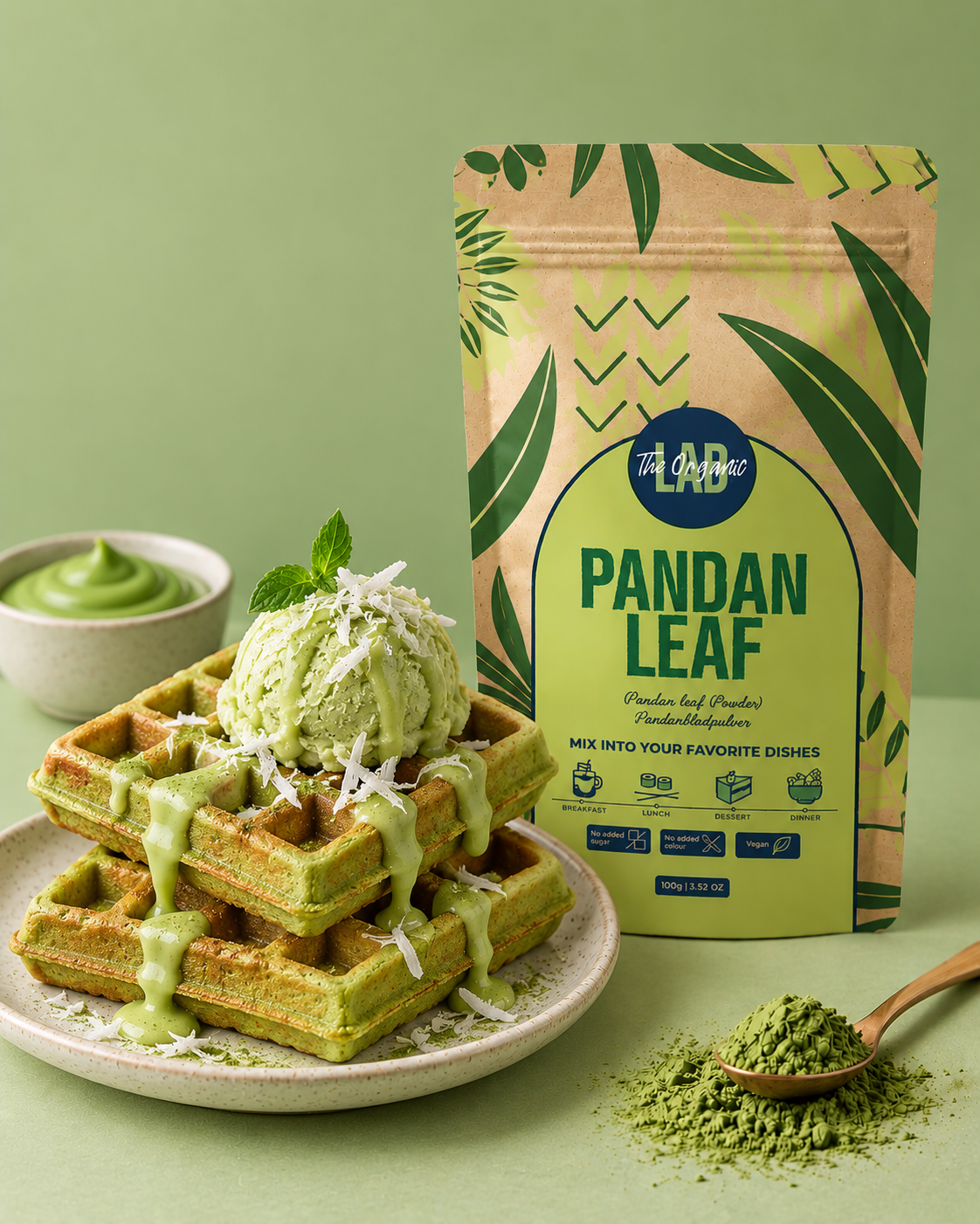 Pandan waffles made with Pandanus amaryllifolius pandan leaf powder