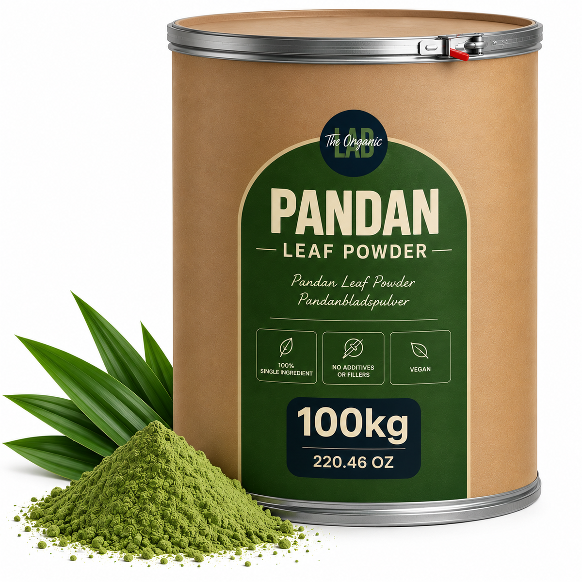 Bulk pandan leaf powder in a 100 kg drum with pandan leaves