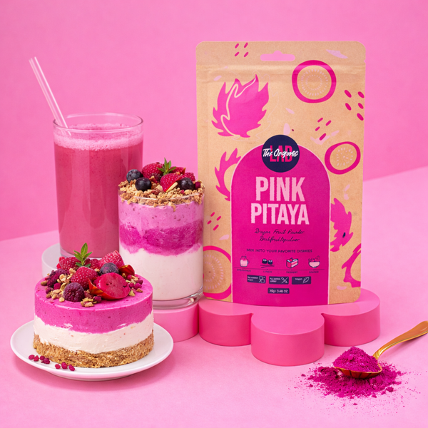 Pink pitaya smoothie, parfait and cheesecake made with dragon fruit powder