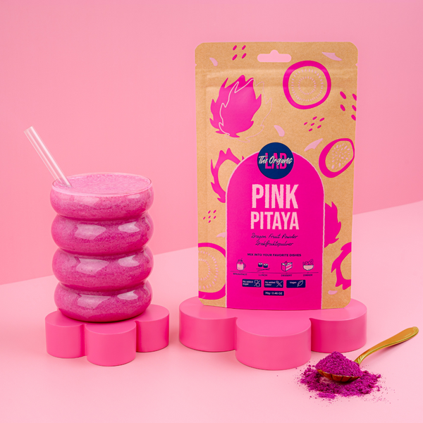 Pink pitaya smoothie made with dragon fruit powder