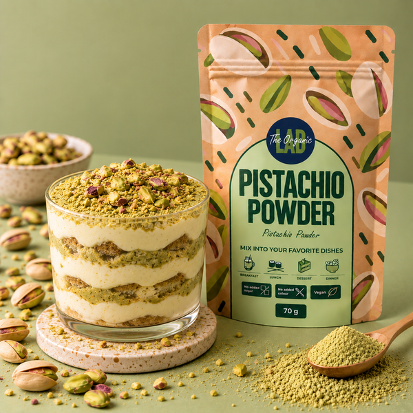 Pistachio tiramisu in a dessert cup, made with pistachio powder
