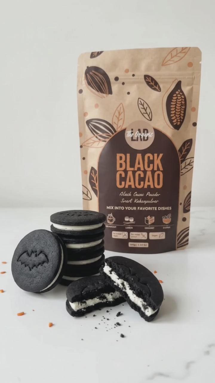 Black sandwich cookies made with Black Cocoa Powder