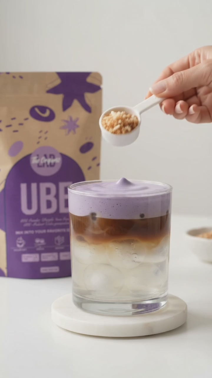 Iced Ube latte made with Ube Purple Yam Powder