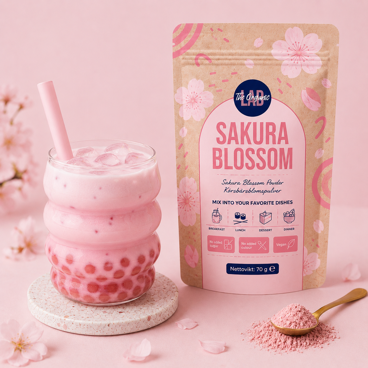 Sakuras burbulinė arbata iš vyšnių žiedų miltelių