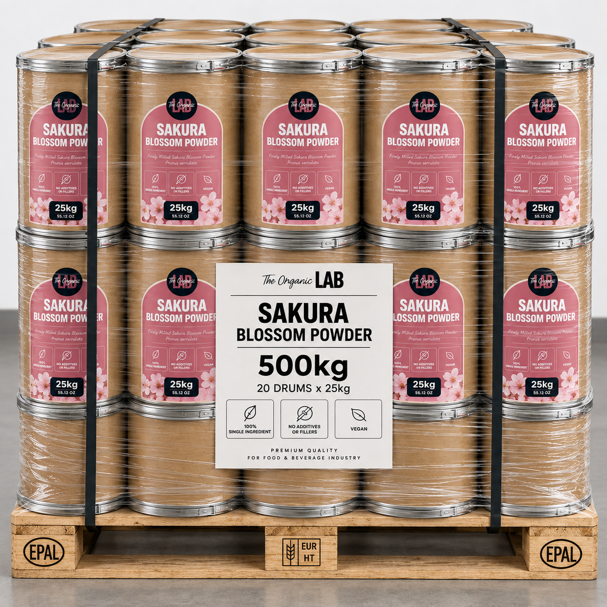 Pallet of sakura cherry blossom powder, 500 kg in 20 drums of 25 kg