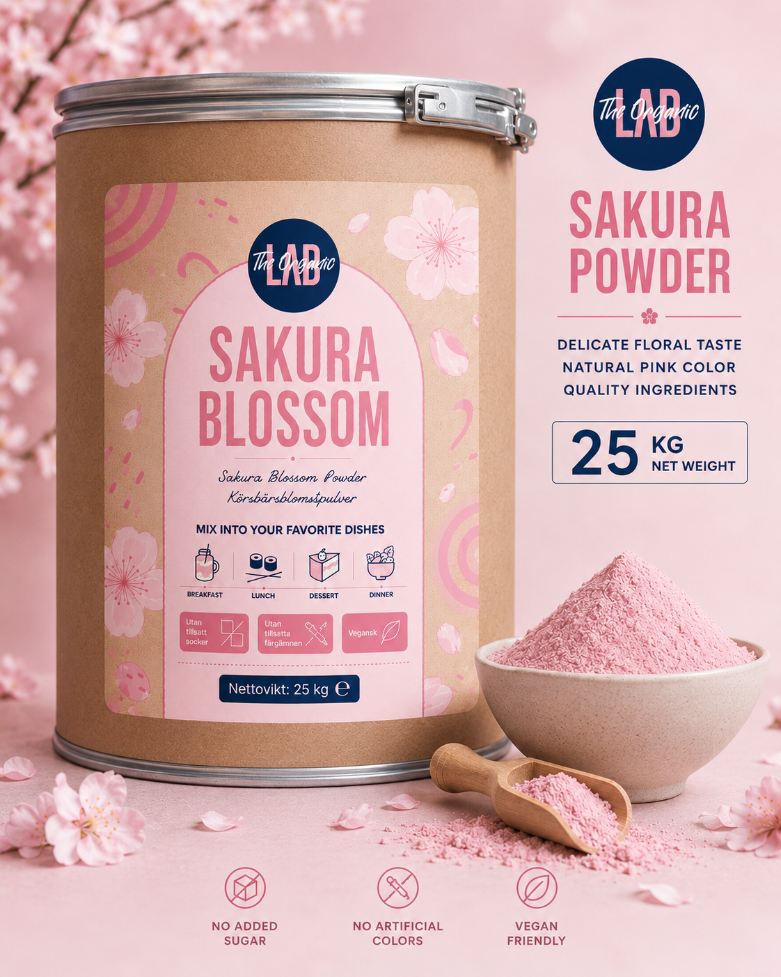 Sakura powder canister with pink powder in a bowl on a pink background