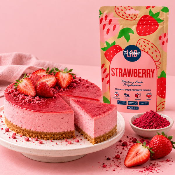 Strawberry cheesecake made with freeze-dried strawberry powder