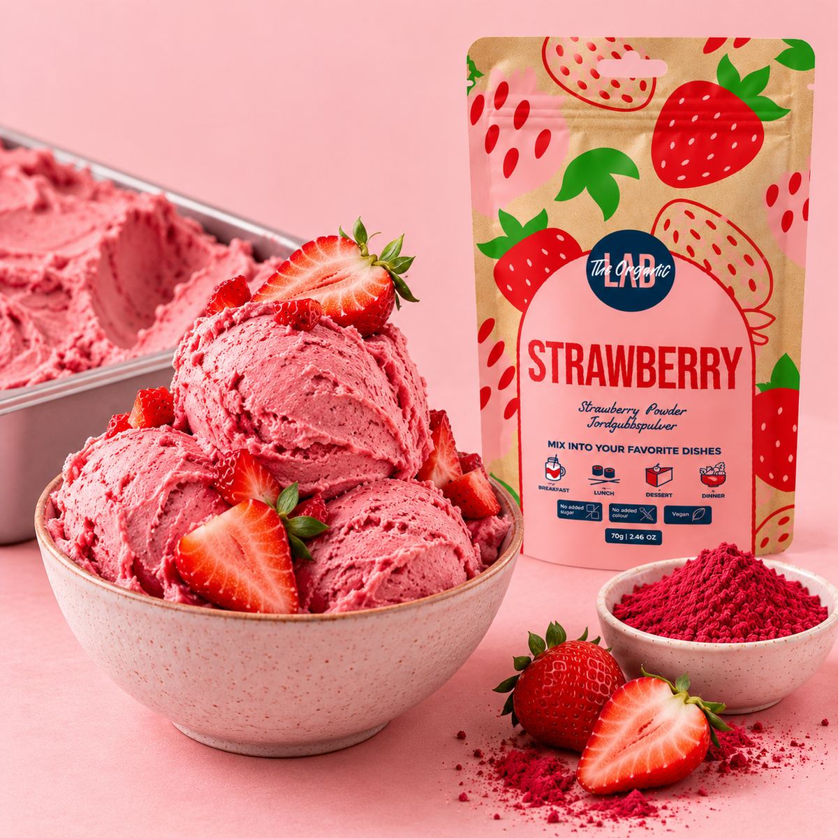 Strawberry ice cream made with freeze-dried strawberry powder