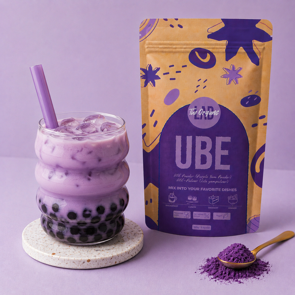 Ube bubble tea with tapioca pearls made with ube powder